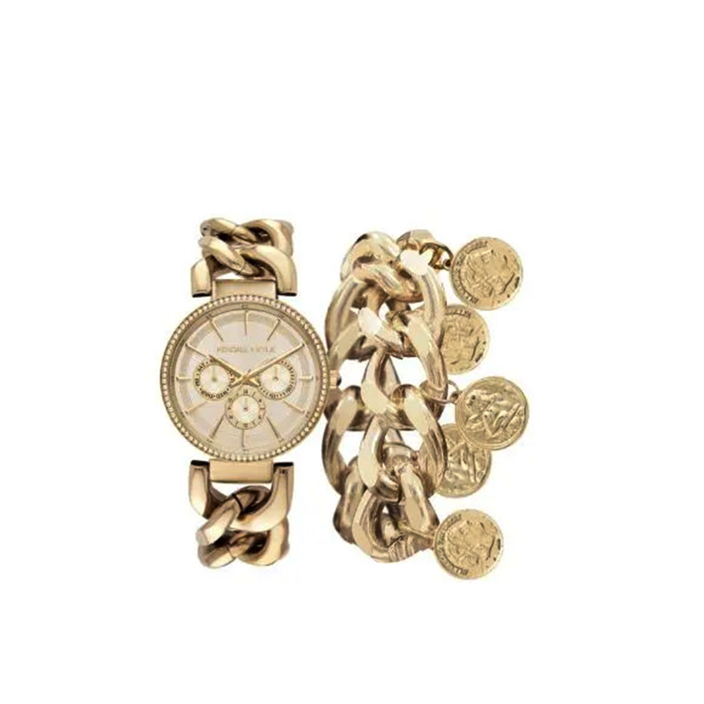 Kendall + Kylie Gold-Toned Watch with Chain Strap Chronograph and Coin Bracelet