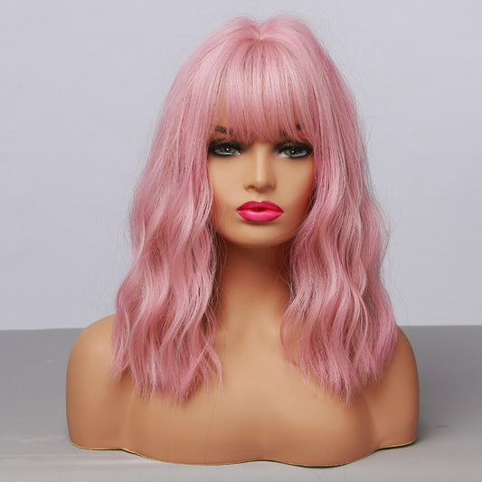 HAIRCUBE Wavy Synthetic Wig With Bangs Short Bob Pink Wigs Curly Wavy