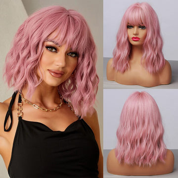HAIRCUBE Wavy Synthetic Wig With Bangs Short Bob Pink Wigs Curly Wavy